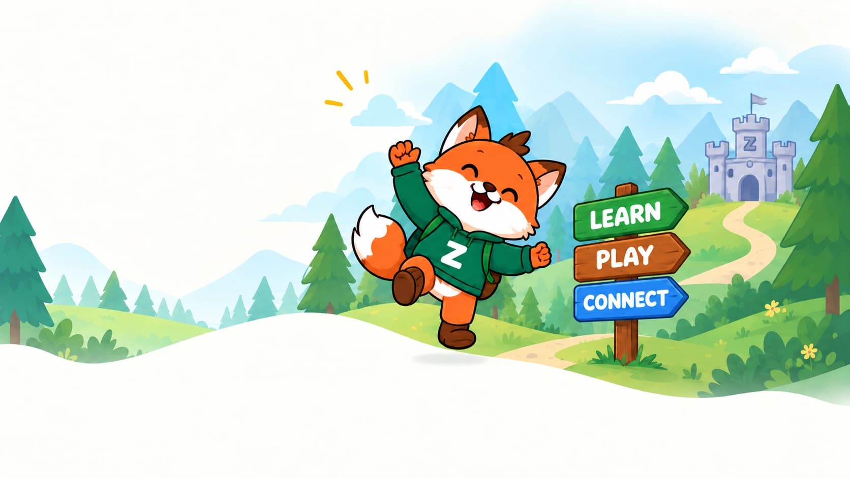 Zuppo beside Learn, Play, and Connect signposts, with a castle and forest trail