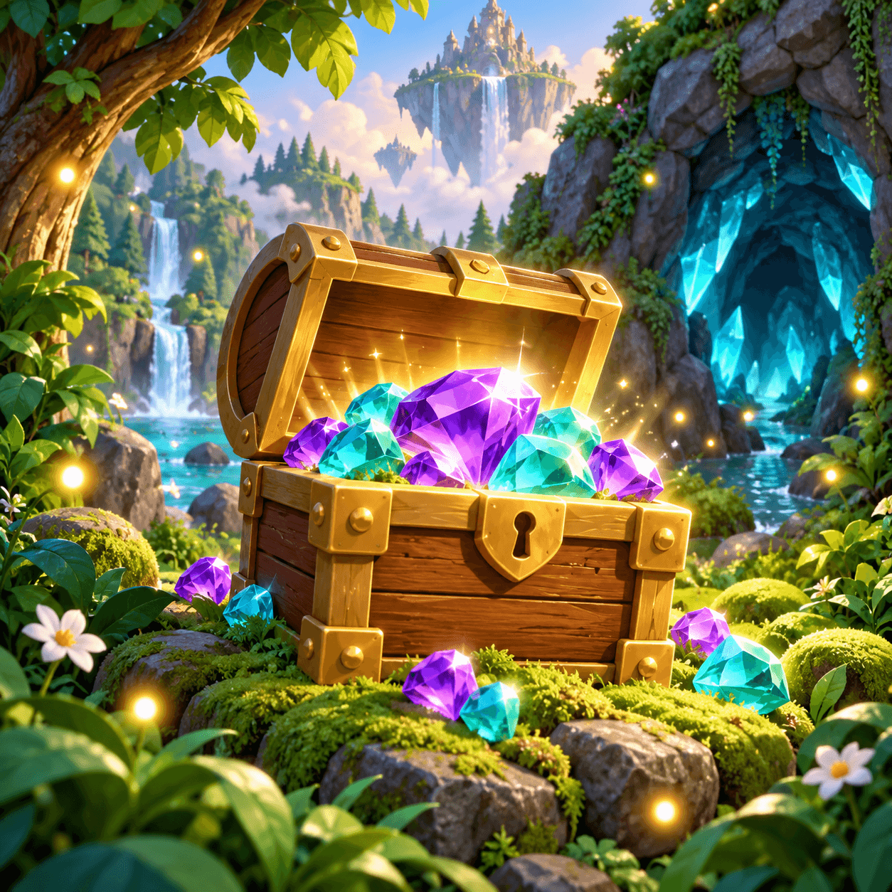 A diamond-filled treasure chest in a firefly forest beside a glowing crystal cavern